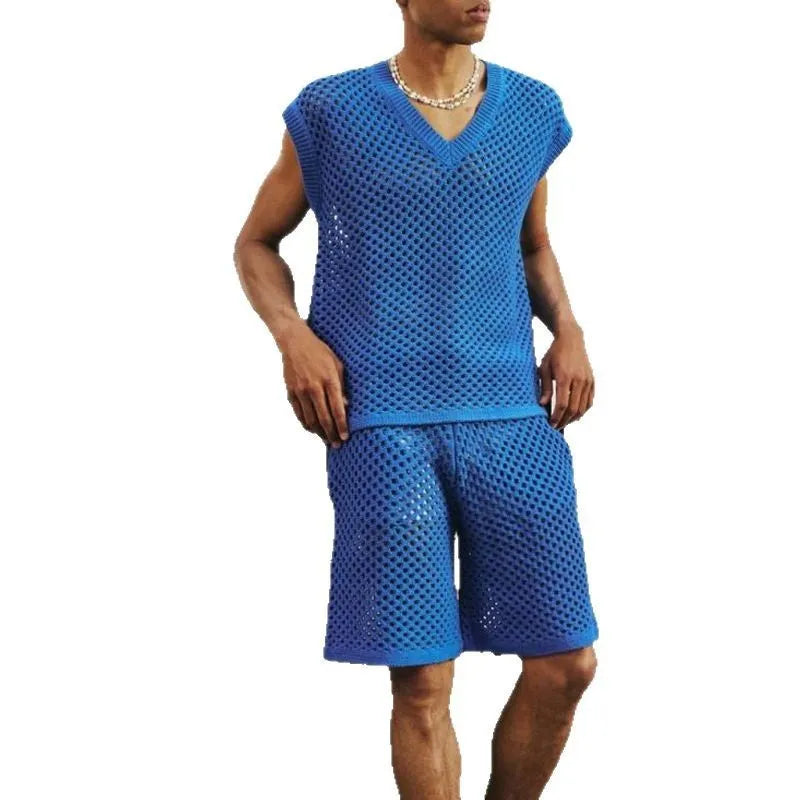 Men's blue V-neck vest with matching shorts sports suit