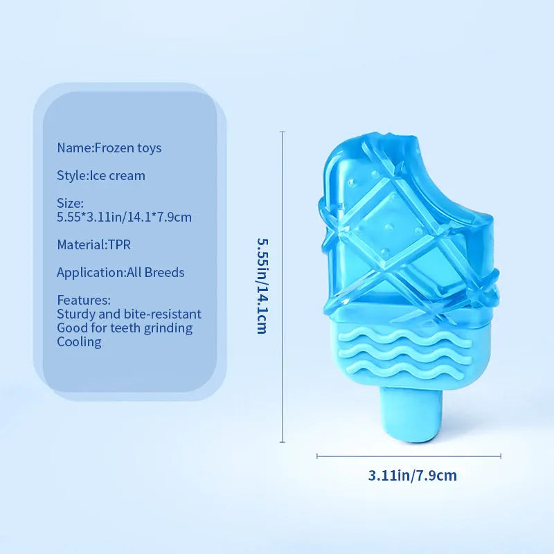 Three water-filled dog cooling toys: pacifier, popsicle and ring shapes for summer heat relief