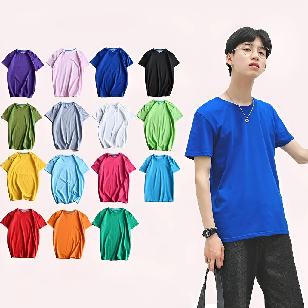 Men's round neck cotton T-shirt with short sleeves in solid colour