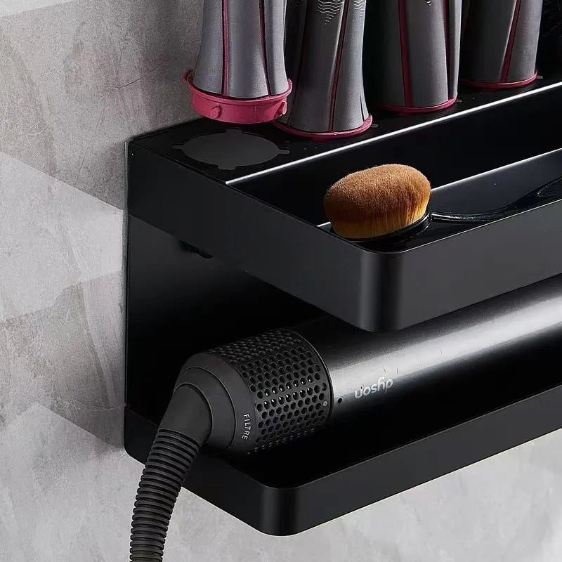 White aluminium double-layer bathroom storage rack mounted on wall holding hair styling tools