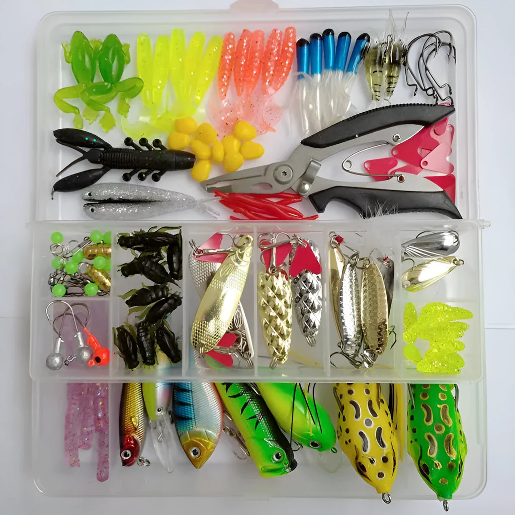 142-piece fishing lure kit showing hard minnow lures with sequins, metal fishing pliers, and various bait designs