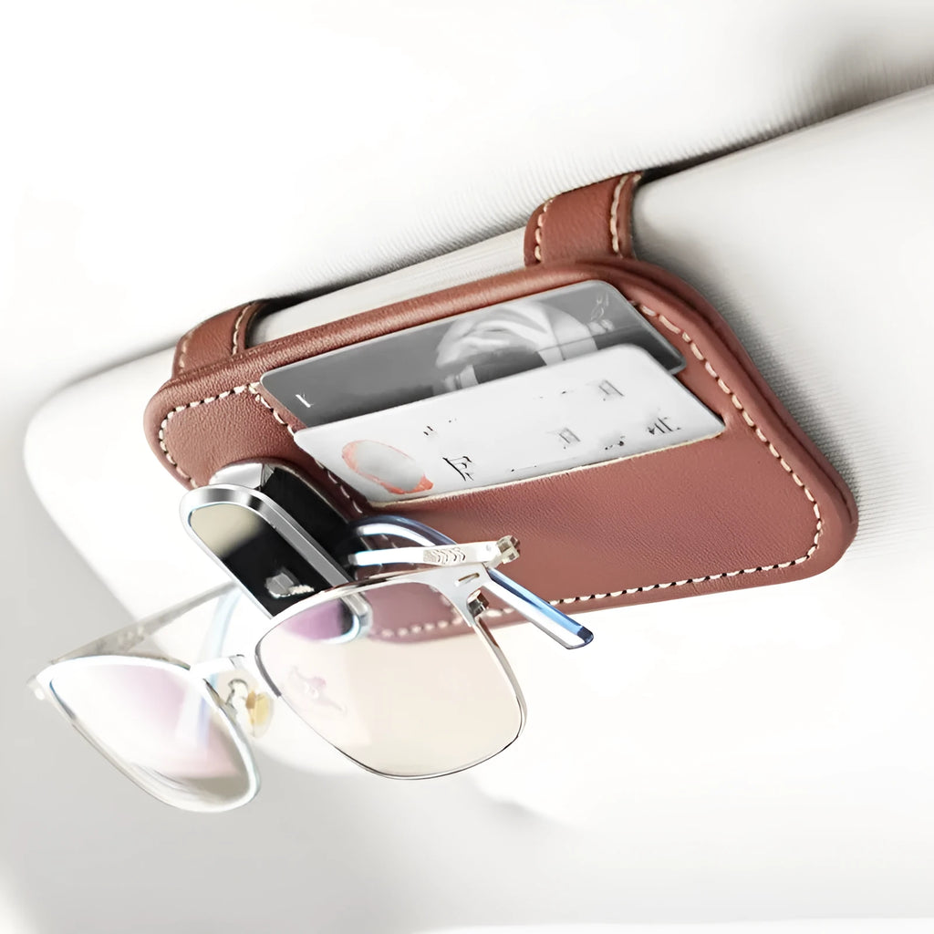 Leather automotive sun visor card holder with glasses clip and card slot