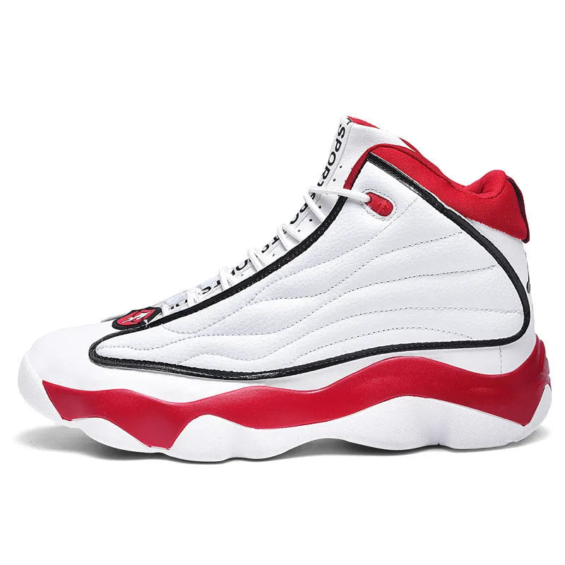 Men's high-top basketball shoes in AJ13 white red colourway with mesh upper and thick rubber sole.