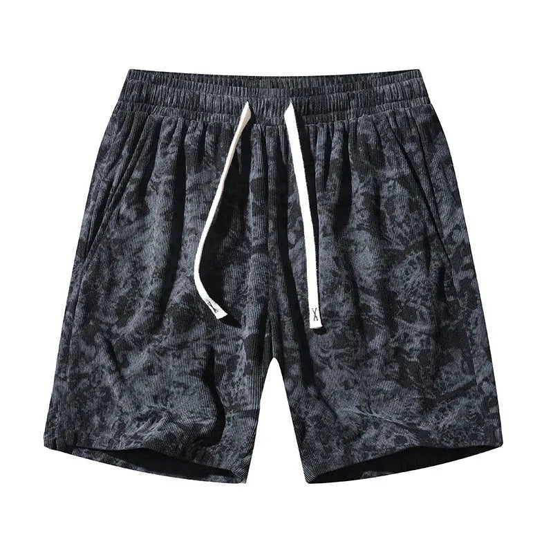 Men's camouflage pattern athletic shorts in corduroy fabric with straight leg cut and high waist
