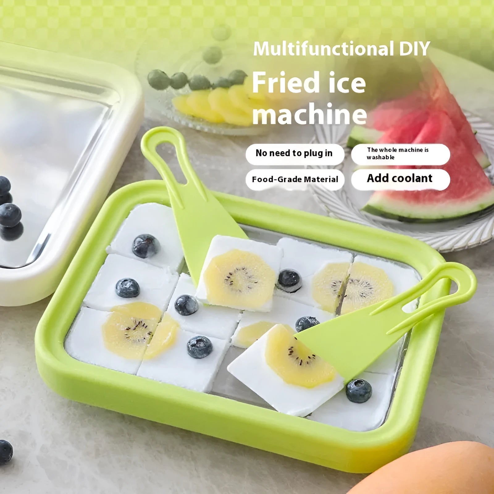 Green DIY fried yoghurt machine for homemade desserts on kitchen counter