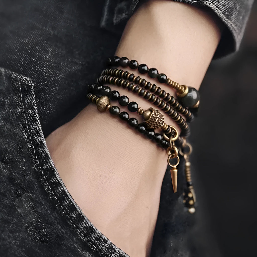 Black geometric beaded bracelet with layered design and natural style jewellery