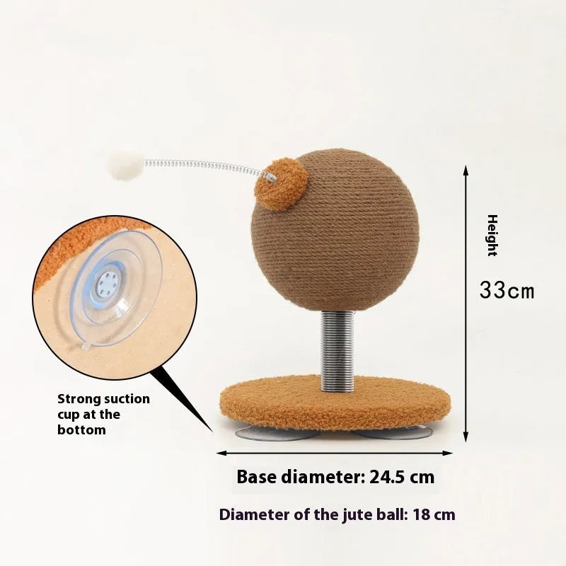 Jute rope cat scratching post with integrated catnip ball, available in large and small sizes.