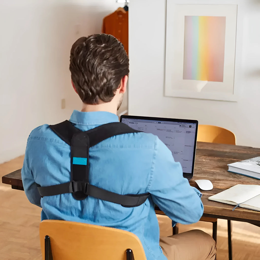 Black adjustable posture correction strap for upper back and shoulder support