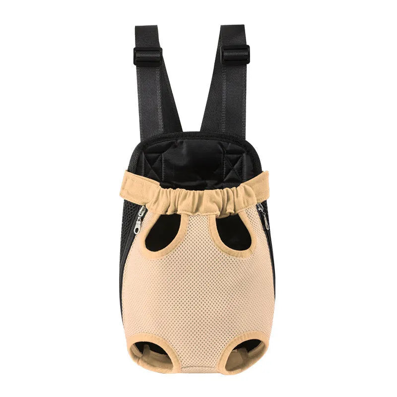 A person wearing a black nylon dog carrier backpack with a small dog looking out from the open top.