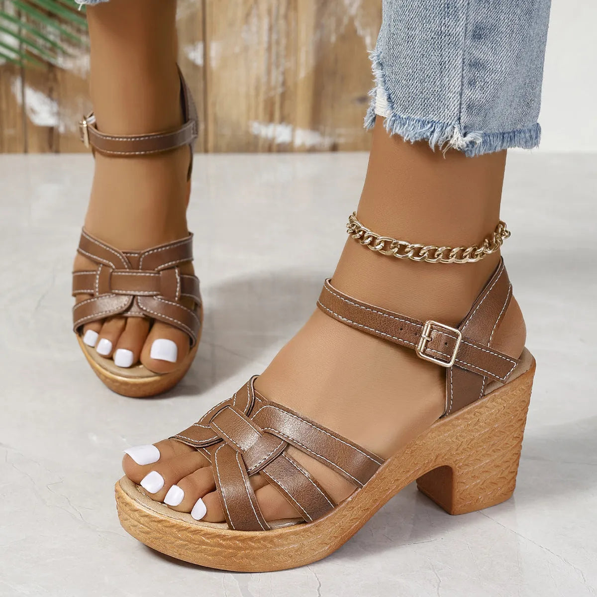 Plus size black Roman women's peep toe sandals with chunky heel and ankle buckle.