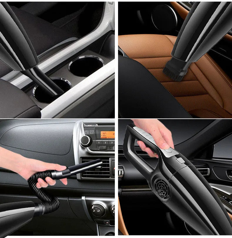 Black and orange car vacuum cleaner with cigarette lighter plug for vehicle interior cleaning