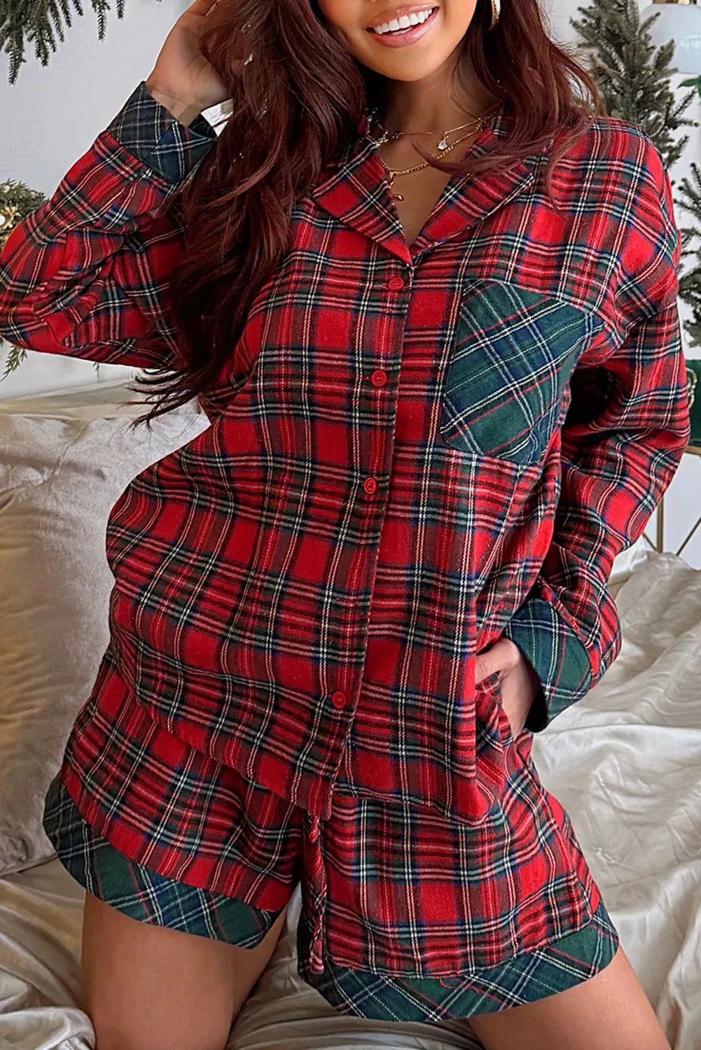 Red plaid Christmas pajama set with contrast patched shirt and matching shorts