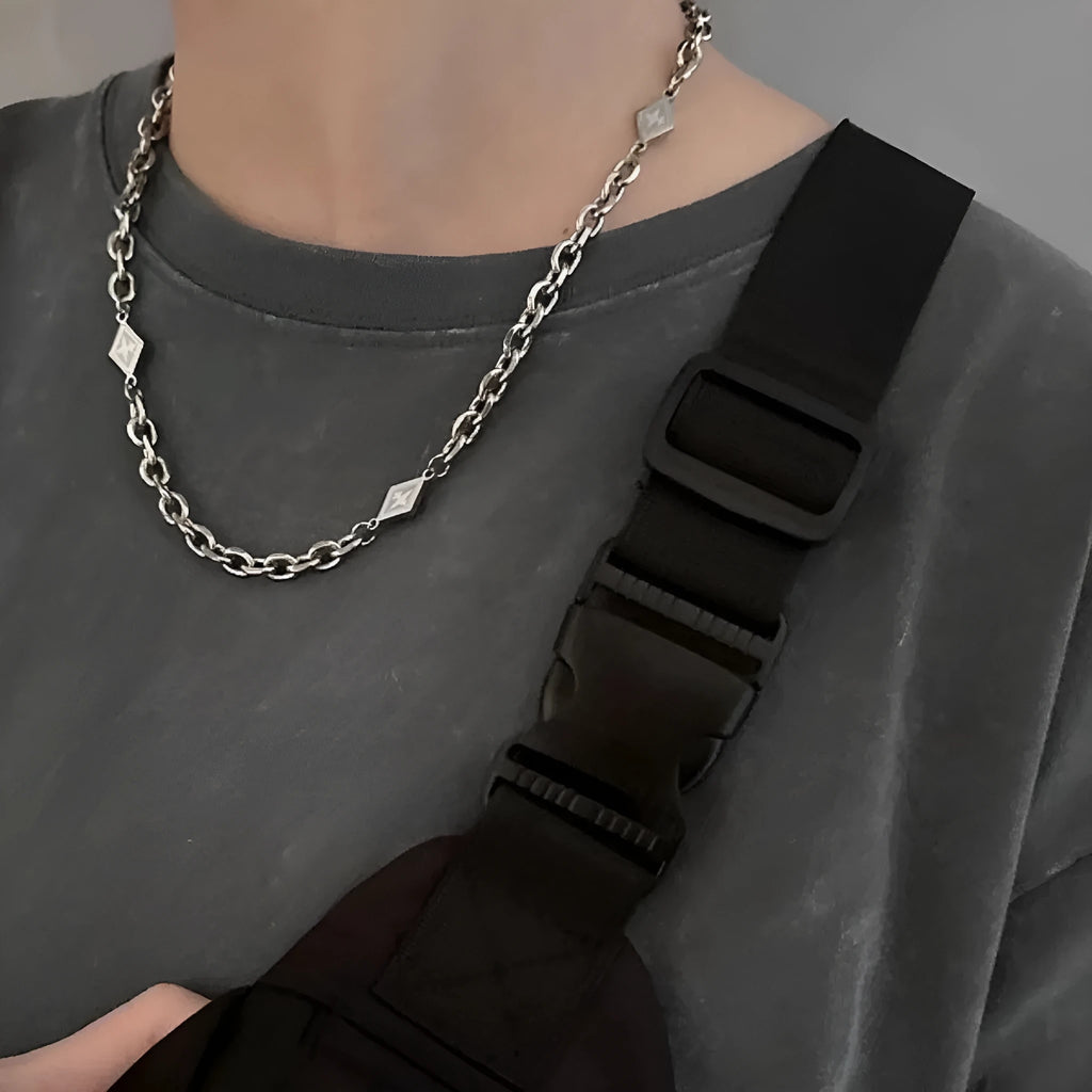 Men's hip hop style titanium steel necklace with octagonal star diamond pendant and Cuban link chain
