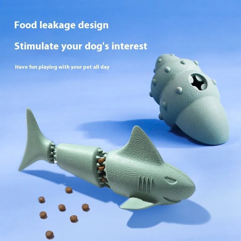 Deep sea shark rubber dog toy with conch and starfish shape variants in blue and green colours