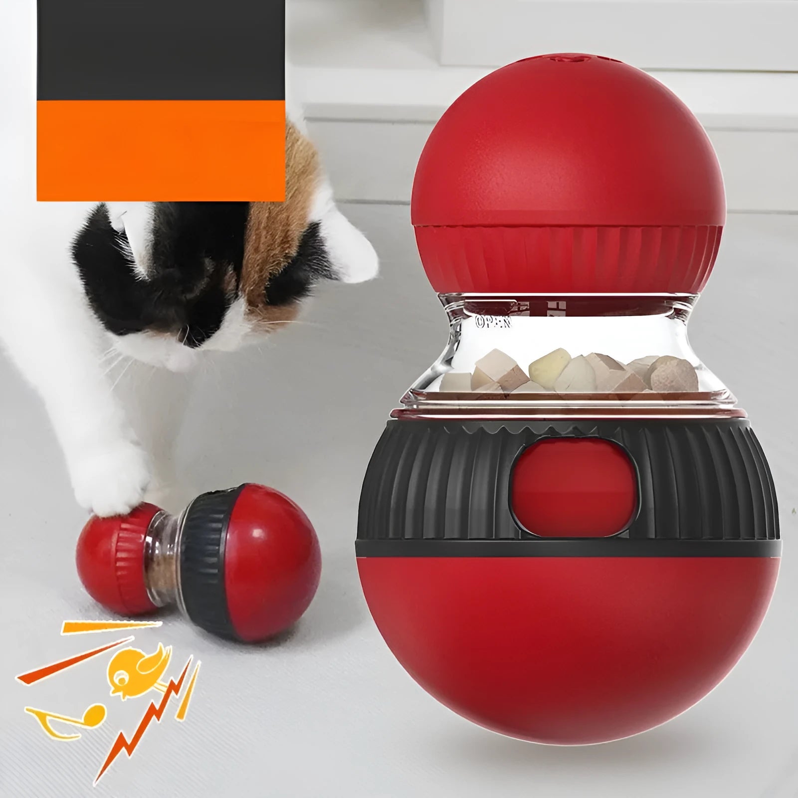 Plastic rotating cat sound food dropping ball toy in Super Ball colour.