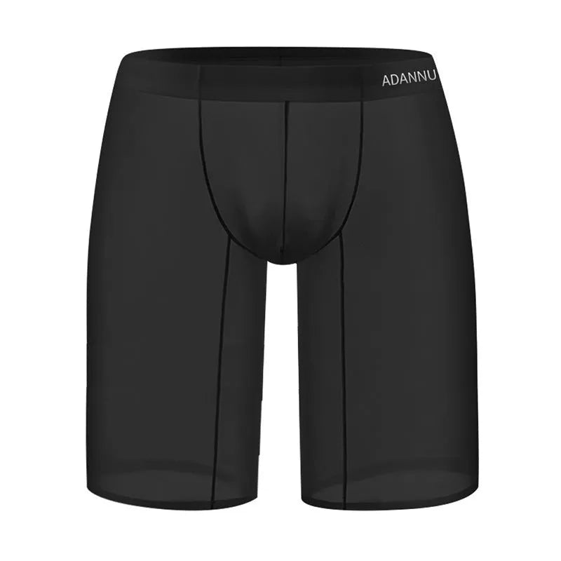 Men's mesh home shorts in black nylon fabric with seamless construction and hip-lifting design