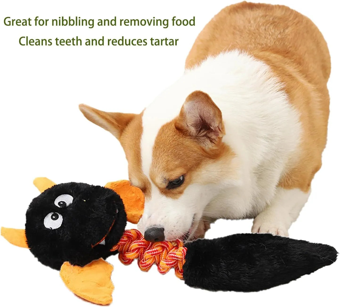 Large black plush dog toy with cartoon face, rope knot, and squeaker for big dogs.