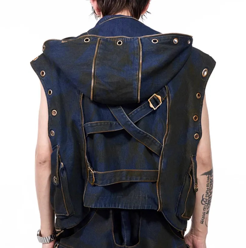 Blue Korean-style hooded denim vest coat with matching trousers, front zip closure