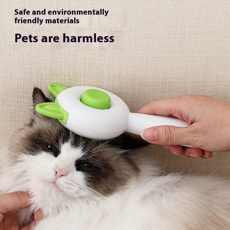 Self-cleaning cat grooming comb with stainless steel pins and rubber massage nodules in greenish white colour