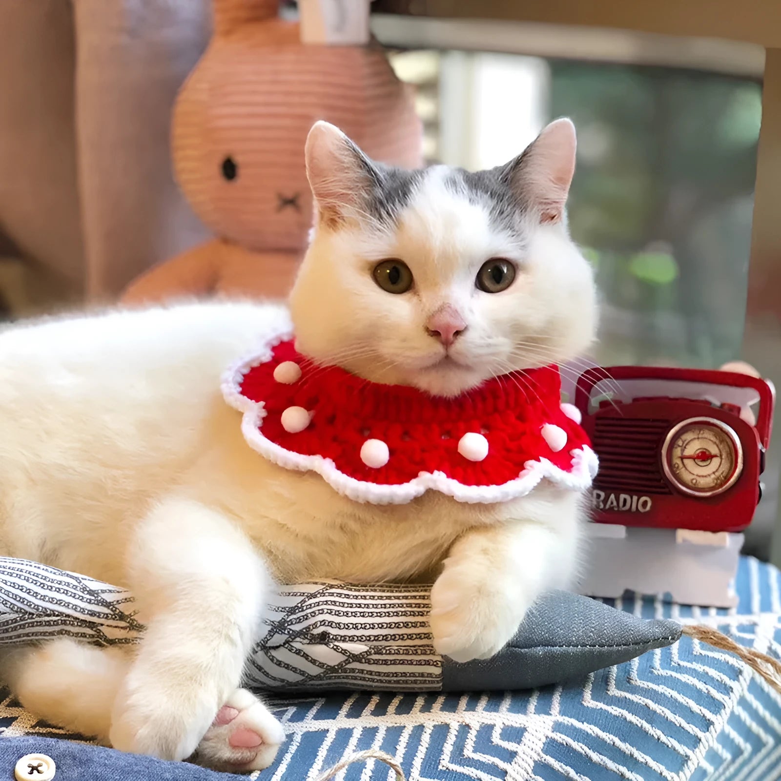Knitted pet collar in wool and milk cotton with cartoon pattern, shown in multiple sizes for small animals.
