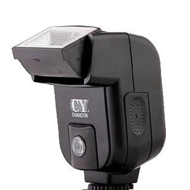 SLR camera flash accessory with tilted head shown on a hot shoe, displaying compact size.