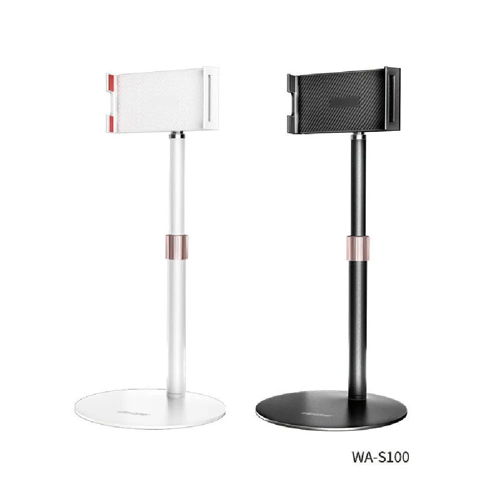 Black metal lifting bracket holding an tablet with telescopic arm extended