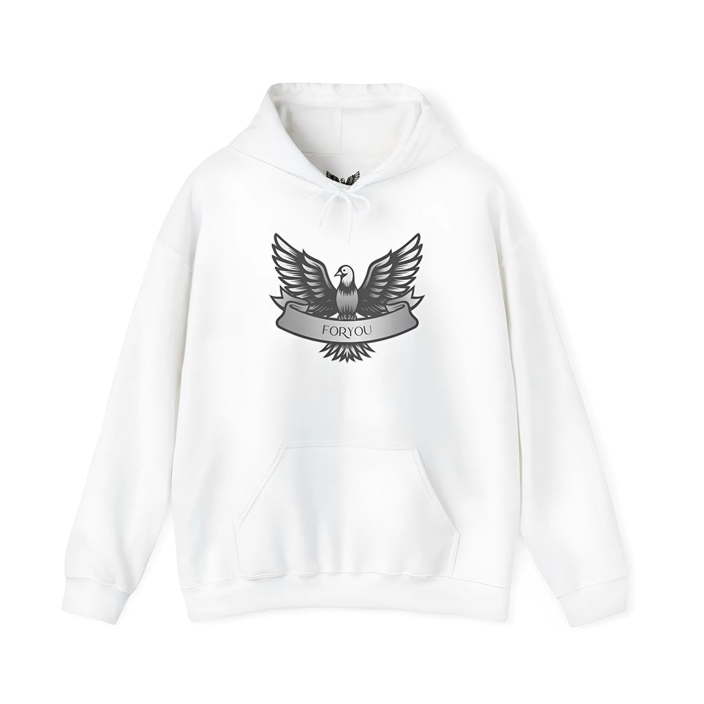 White unisex cotton blend pullover hoodie with hood and long sleeves