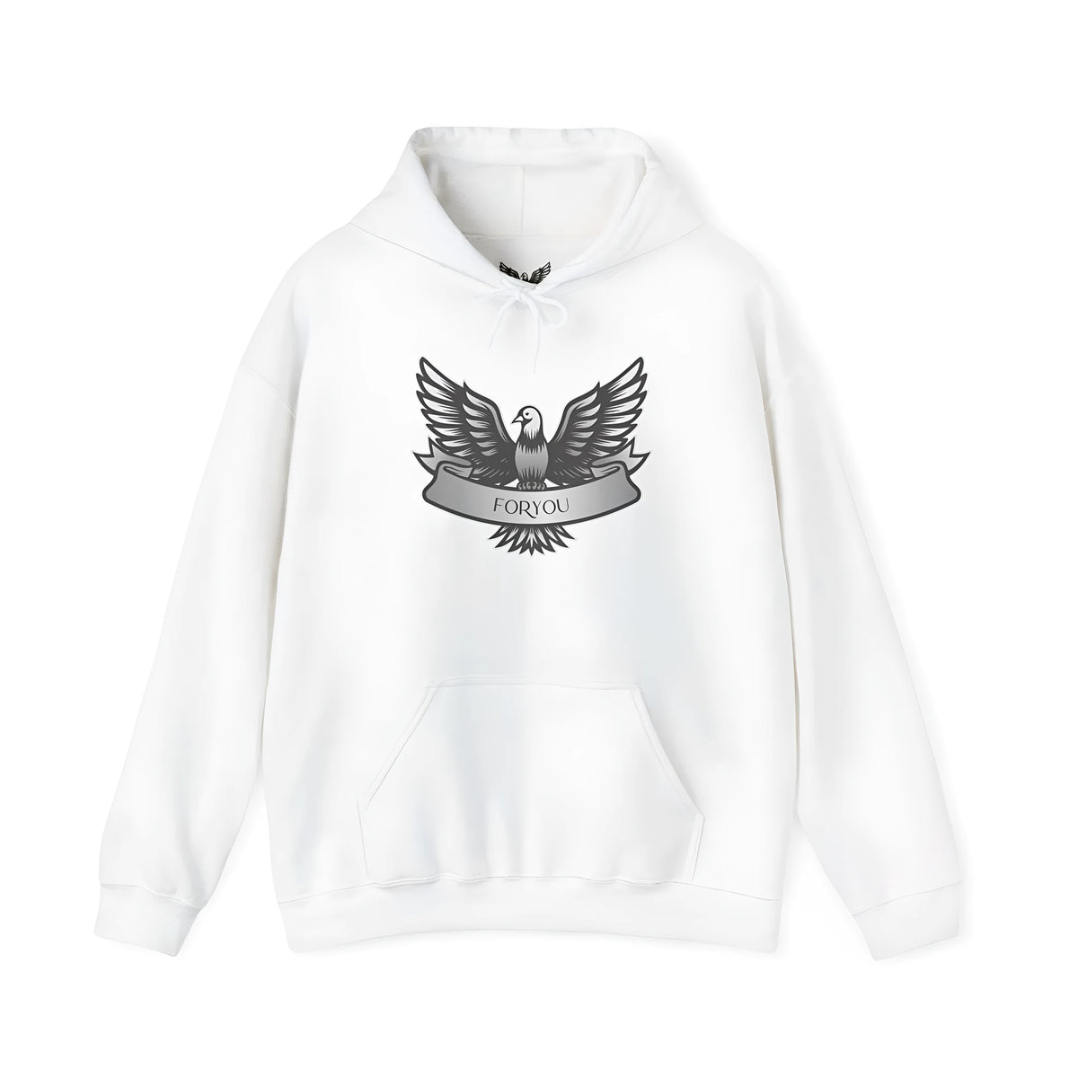 White unisex cotton blend pullover hoodie with hood and long sleeves