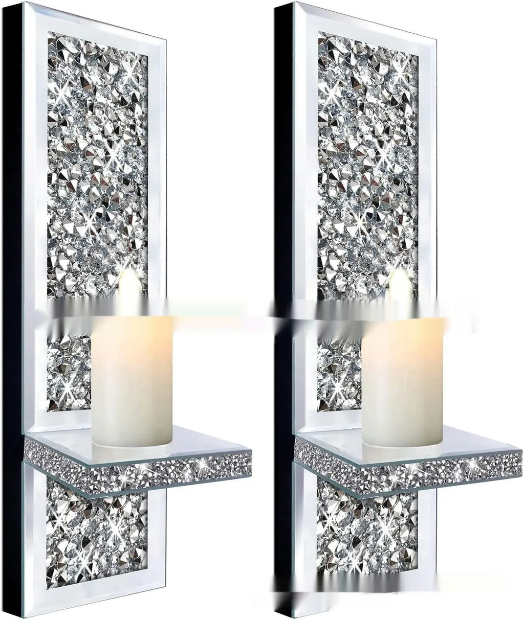 Pair of silver mirror finish glass candle holders with crystal candlestick design for wall hanging