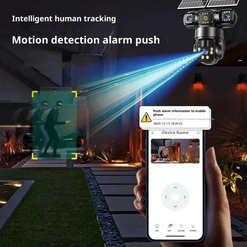 Solar surveillance camera without plug-in, three lens, IP66 waterproof ABS body, 200x170x210mm