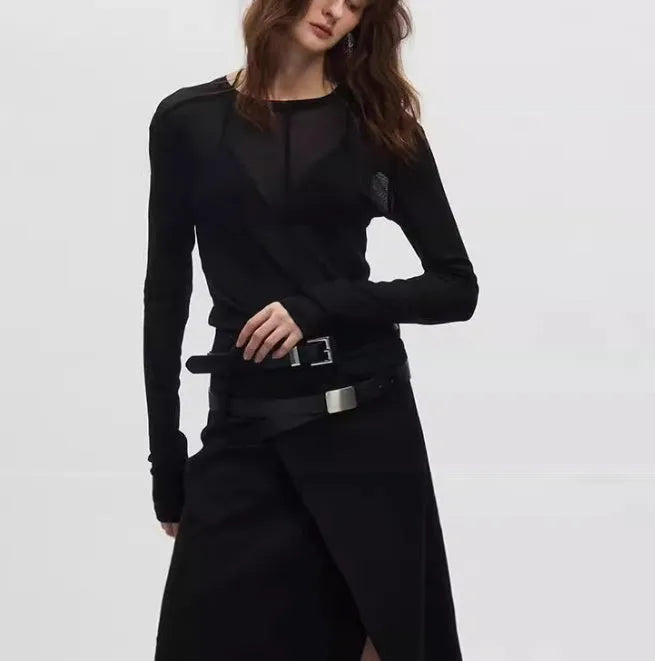 Mesh see-through texture slim-fit black pullover with long sleeves and round collar