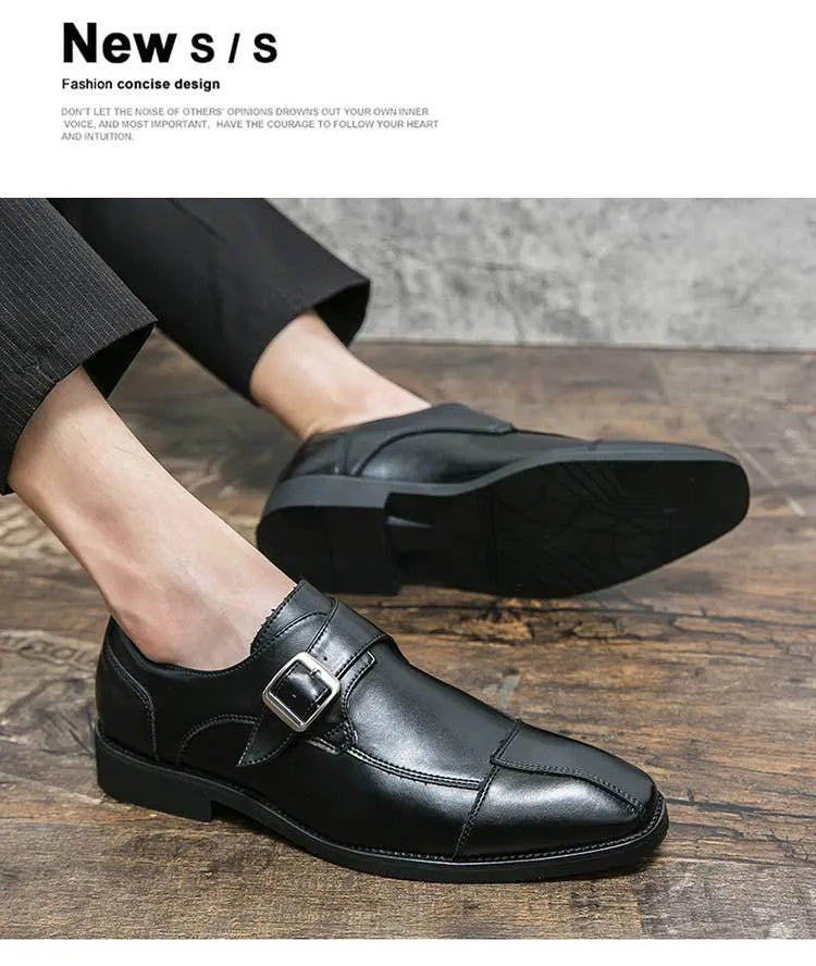 Men's brown-blue and black retro buckle casual leather shoes with tall crown
