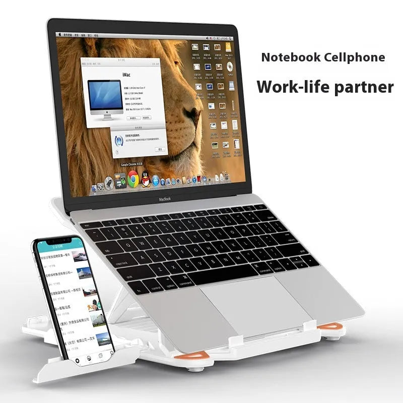 Black ABS plastic laptop bracket stand on a desk, elevating a laptop for better airflow
