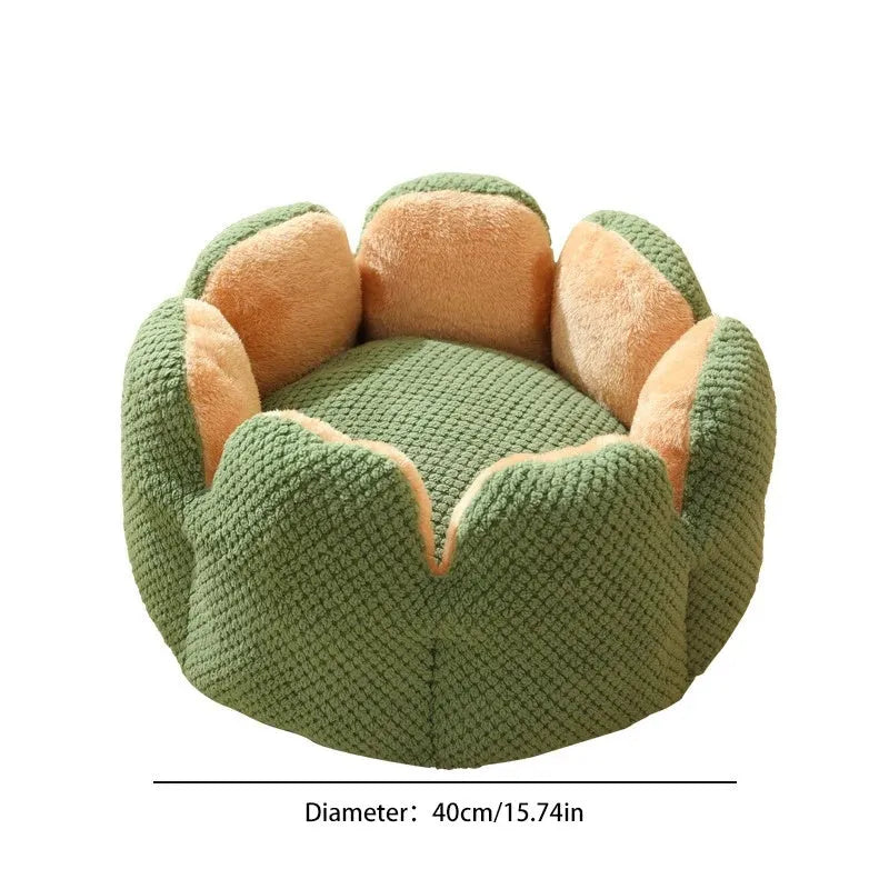Green cactus petal shaped soft plush dog bed with a cave-like opening for cats and small dogs.