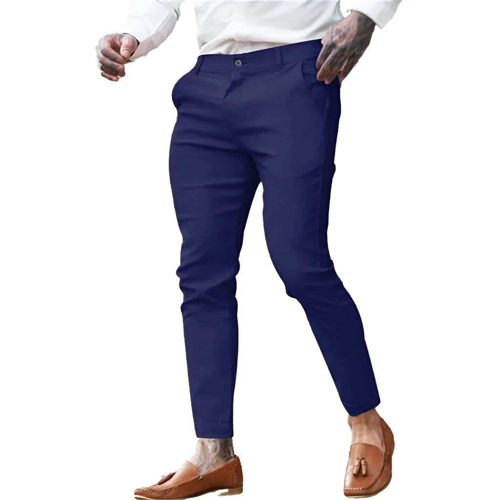 Men's slim fit pencil trousers in cotton twill fabric with stretch, showing zipper fly and mid-waist design