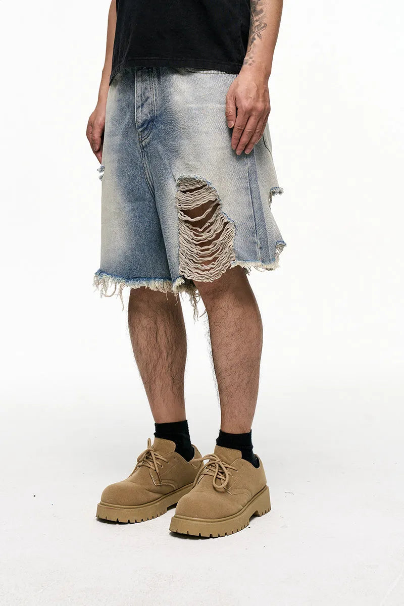 Light blue retro washed men's baggy denim shorts with wide-leg design and mid-waist fit