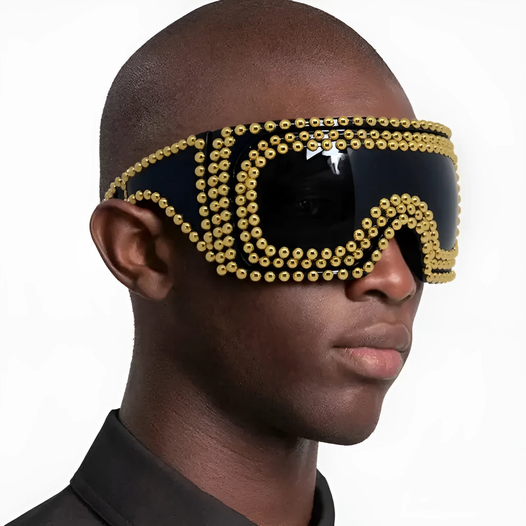 Men's punk style sunglasses with super large square frame and metal rivet details in gold colour