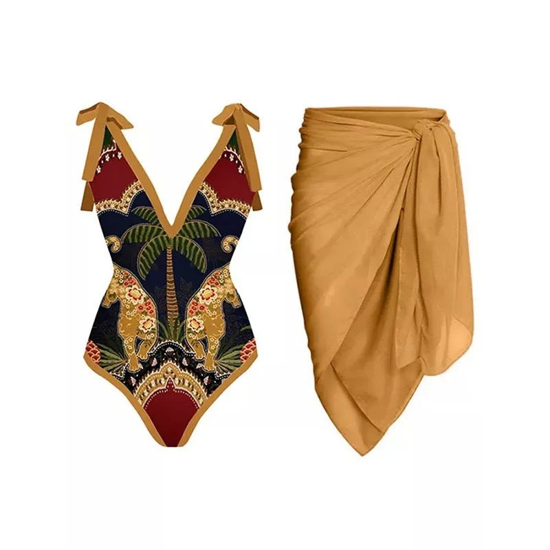 Women's solid colour one-piece swimsuit with thin spaghetti straps and a matching removable skirt.