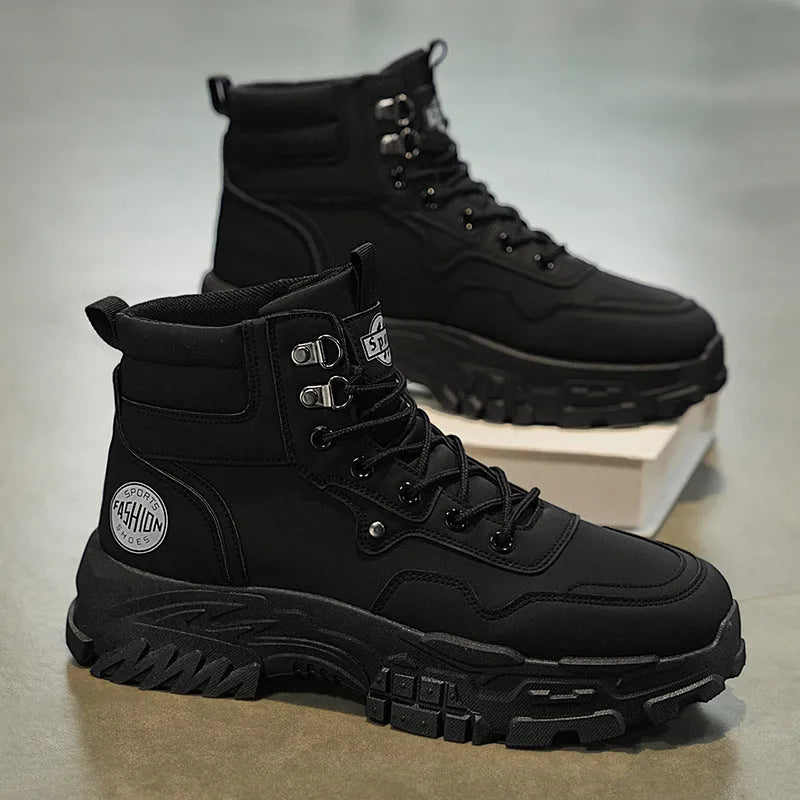 Men's black and yellow Martin boots with high-top design and injection moulded soles