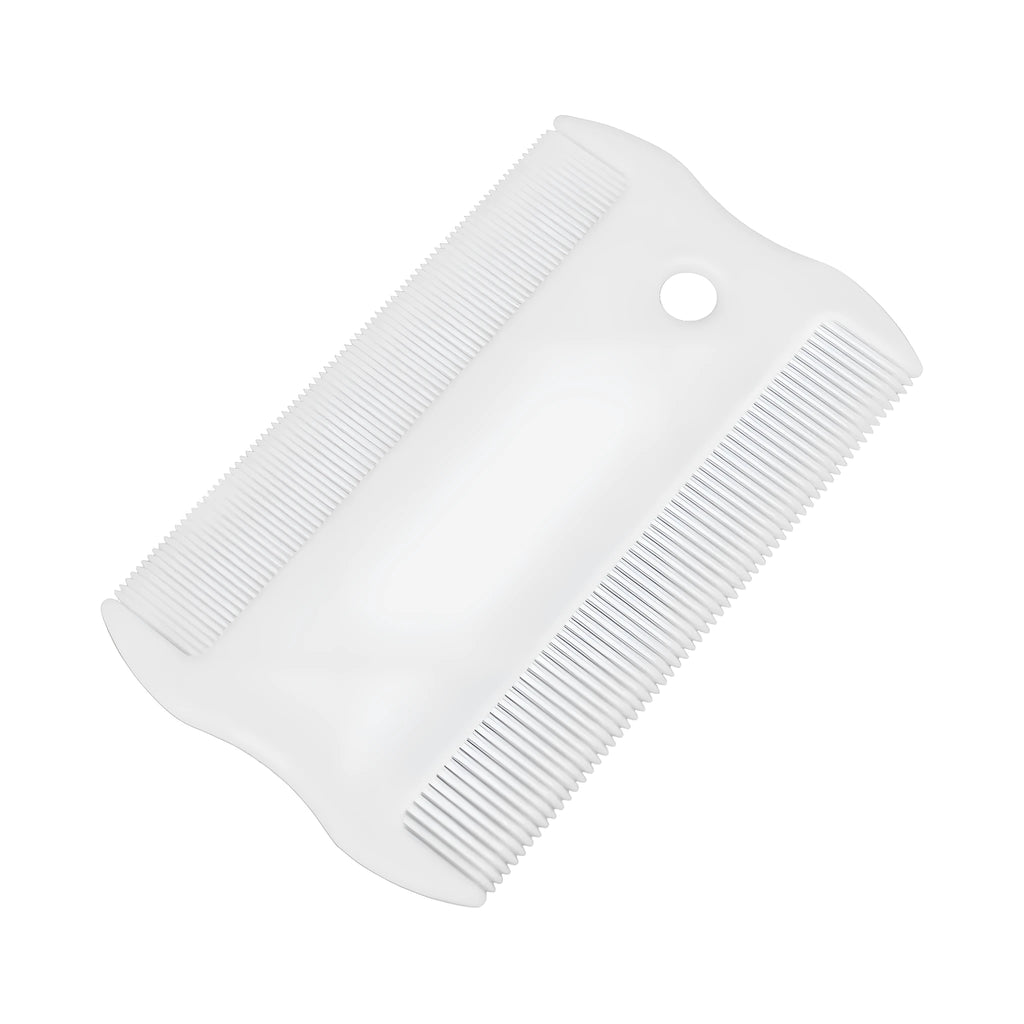 Double-sided plastic flea comb for pets showing dense teeth on one side and grate mouth design