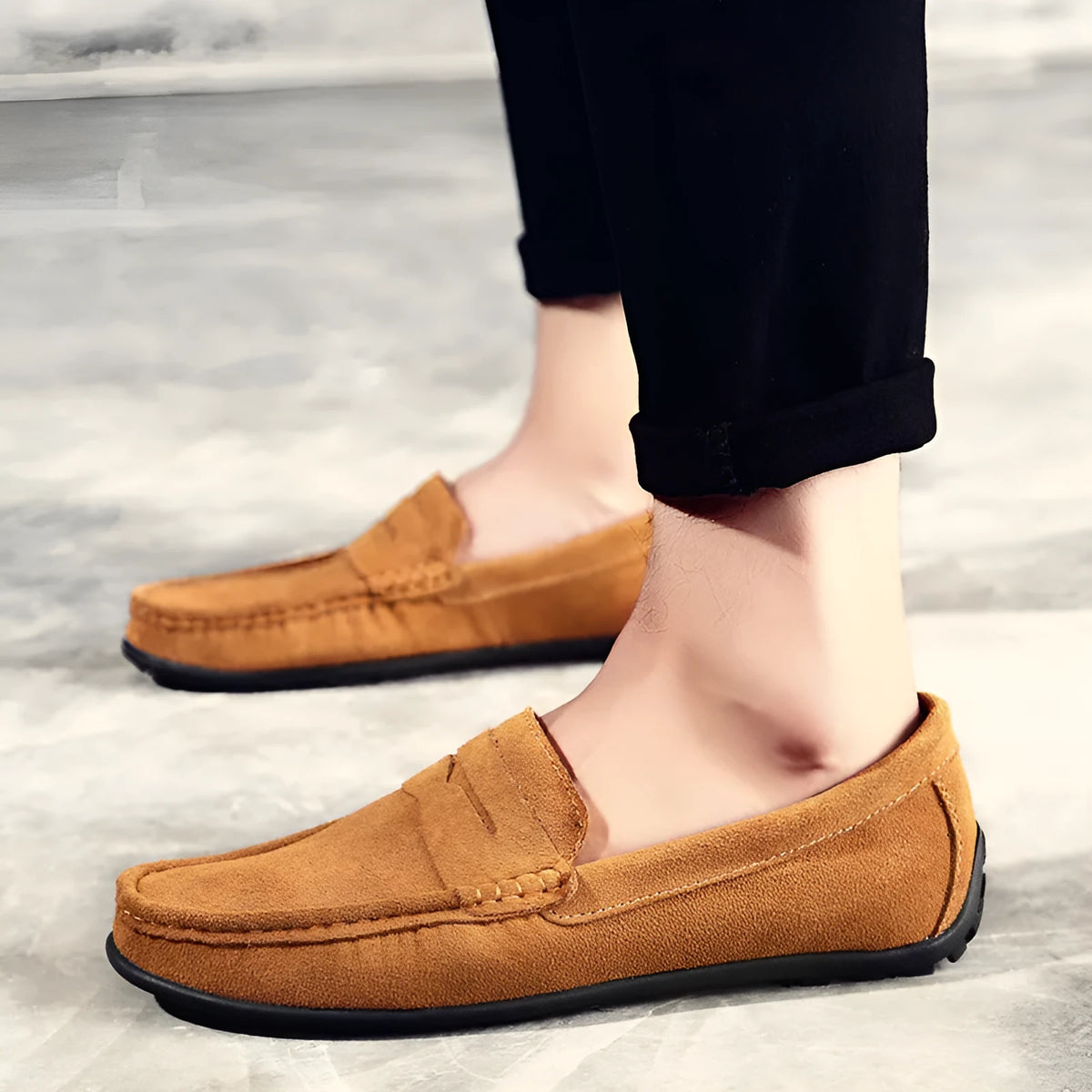 Men's brown suede Gommino casual shoes with round toe and flat rubber sole on a white background