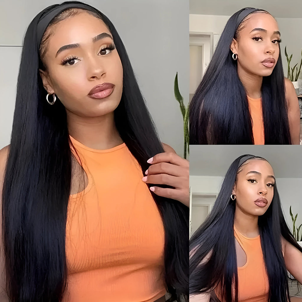 Long headband wig in black straight, black curly, and wine red synthetic hair styles