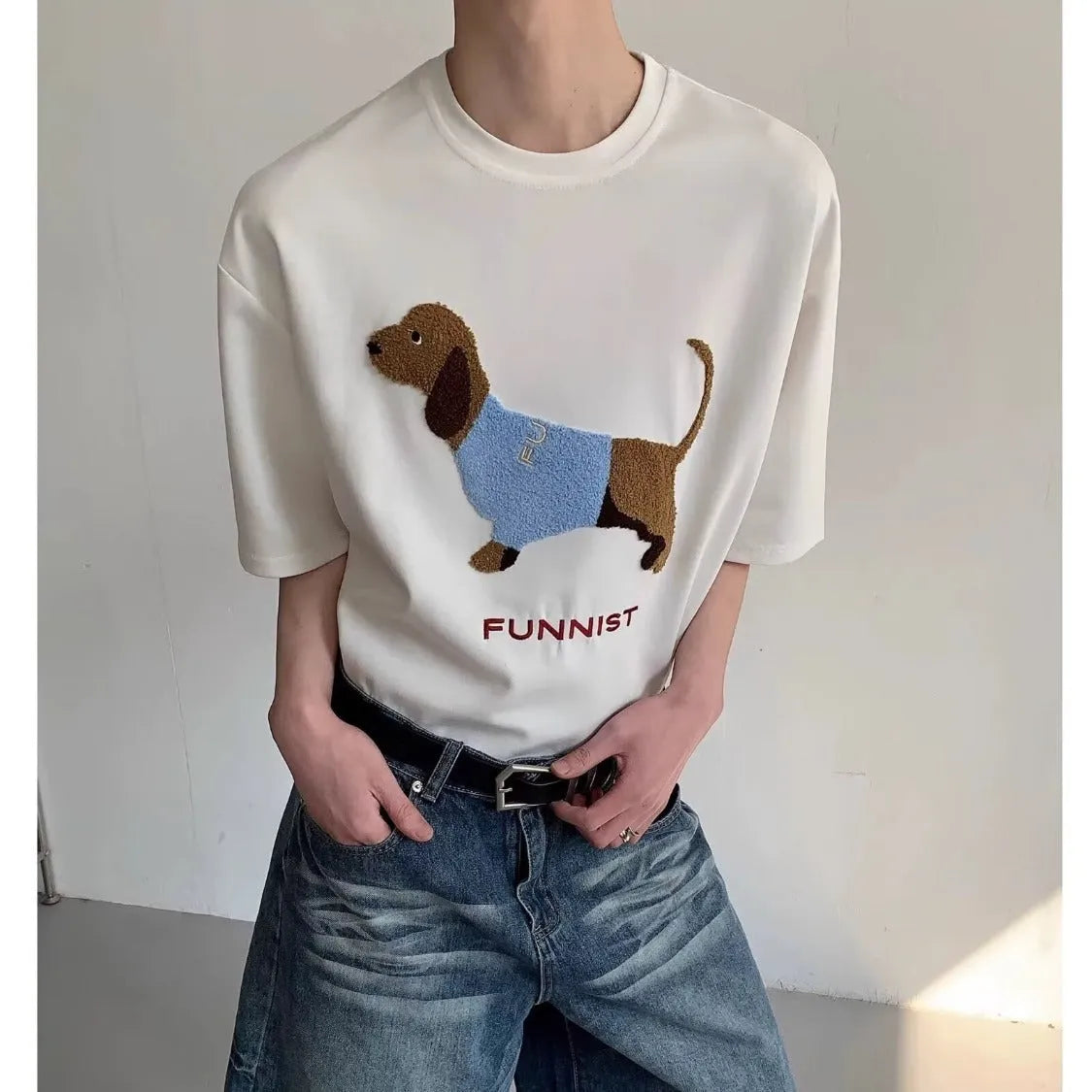 Men's grey t-shirt with embroidered sausage dog design on front