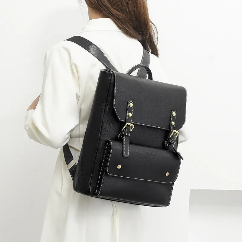 Korean style soft PU retro backpack shown in black, brown, creamy white, and dark brown.