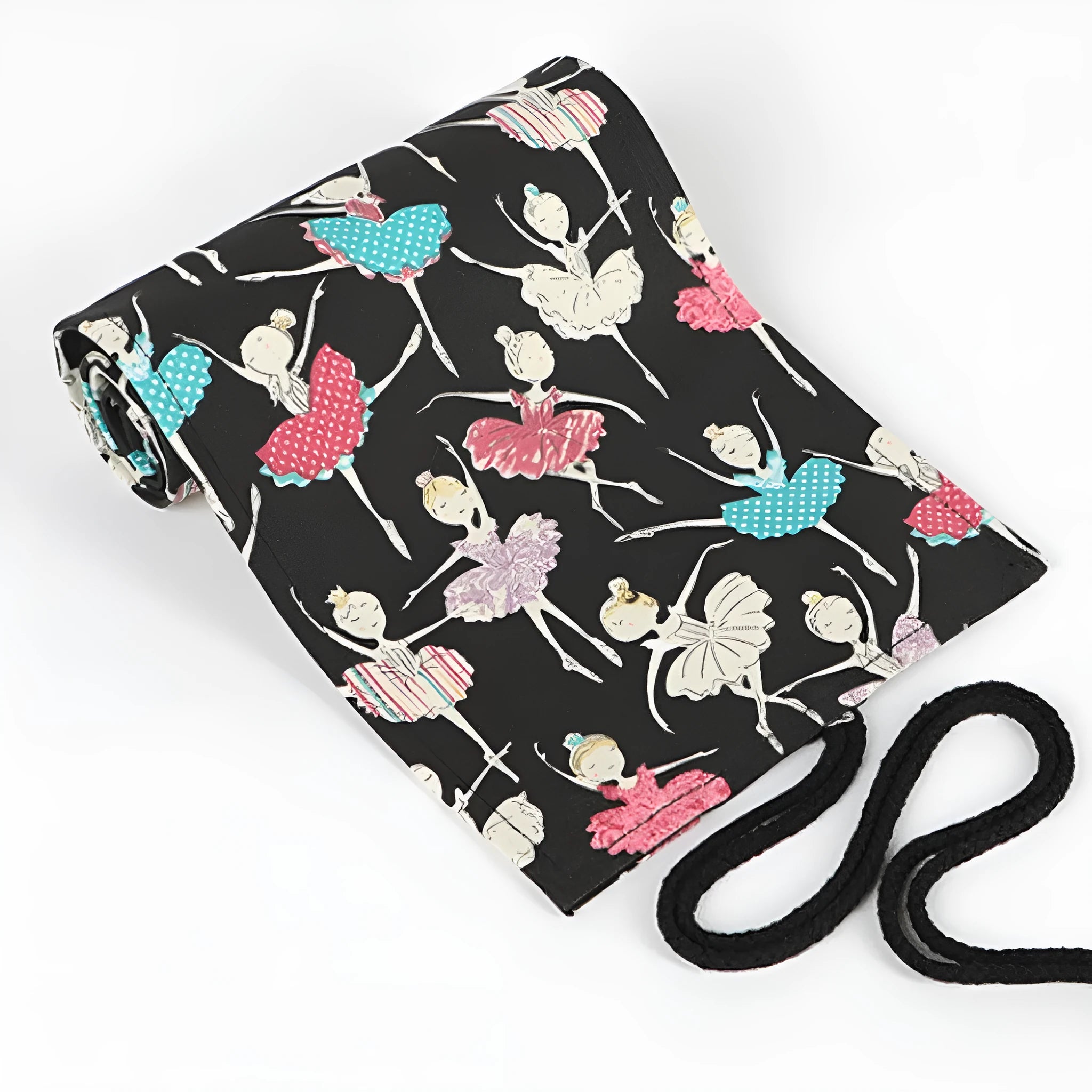 Square canvas rolling pencil case with ballet girl print, showing multiple holes for pencils.