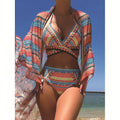 Blue women's bikini set with cross bandage top, high-waist briefs with side ties, and a matching smock.