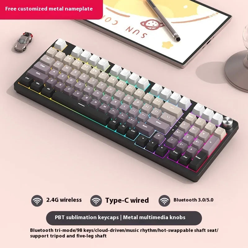 White screen version 98-key wireless mechanical keyboard kit with metal knob on desk