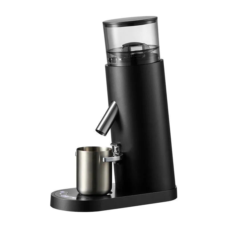 Portable stainless steel electric coffee grinder in beige and black retro styles.