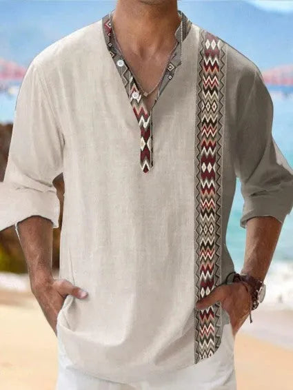 Men's digital bamboo linen patterned Hawaiian shirt with stripes and long sleeves