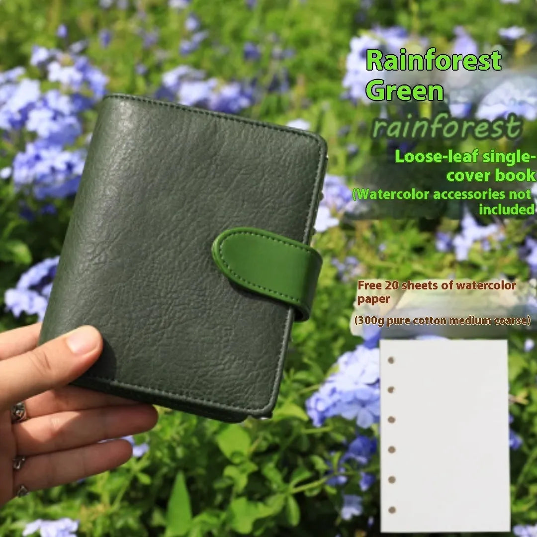 A7 format loose-leaf watercolour book in avocado green, hazelnut brown, mango pudding, mocha coffee and rainforest green.